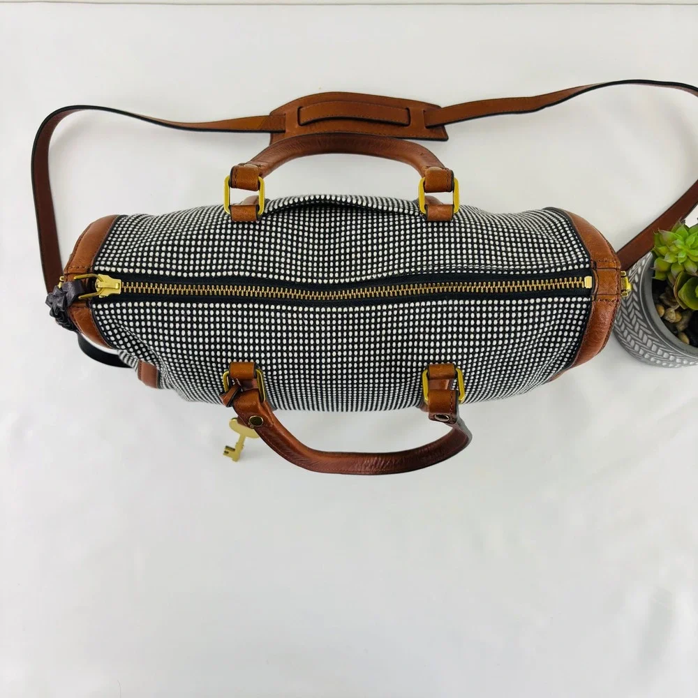 Fossil Kendall Satchel Tote Crossbody Shoulder Bag Jute Leather Black White Tan